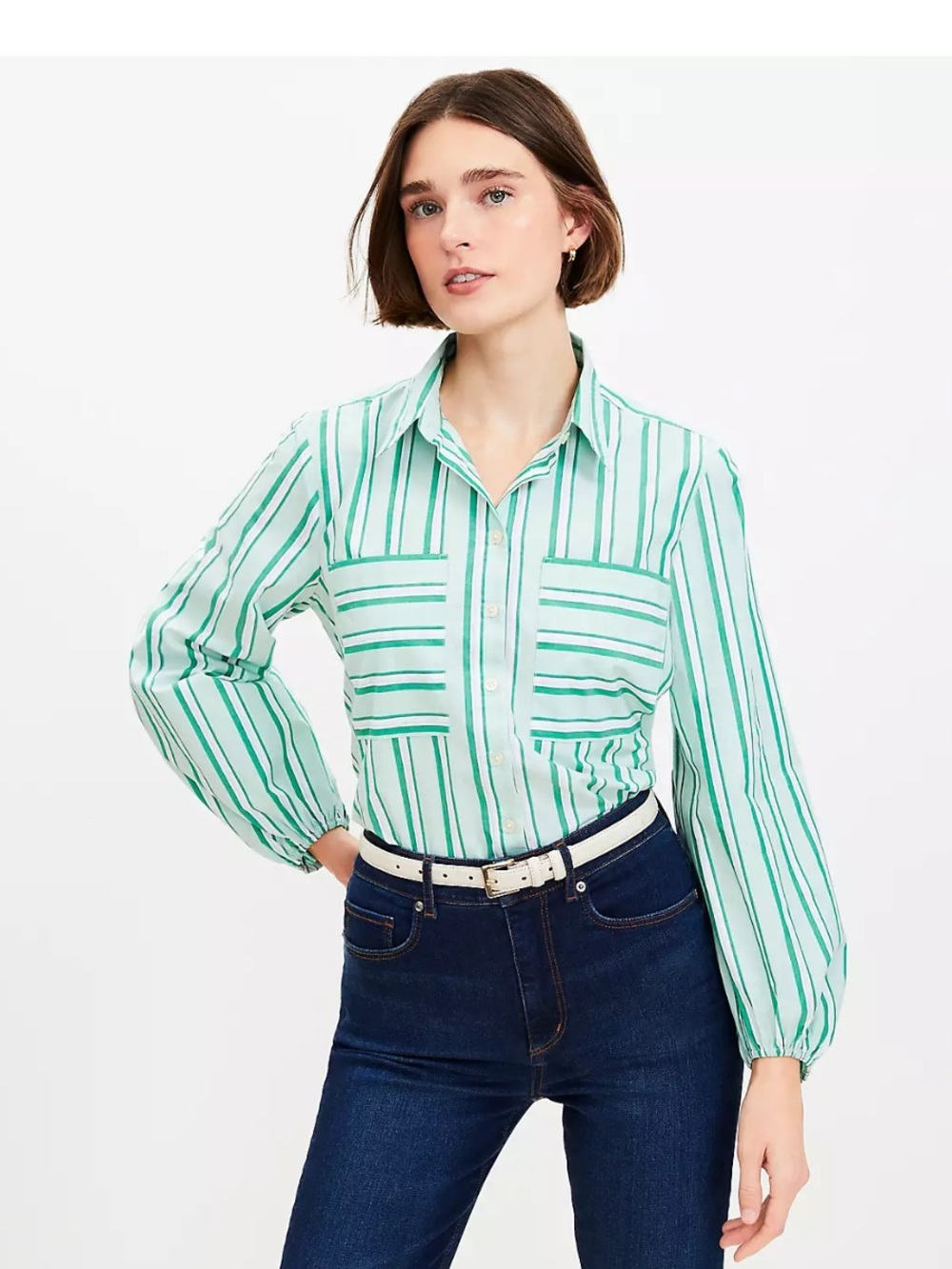 LOFT Mint Green Striped Poplin Blouson Sleeve Pocket Shirt size XS
